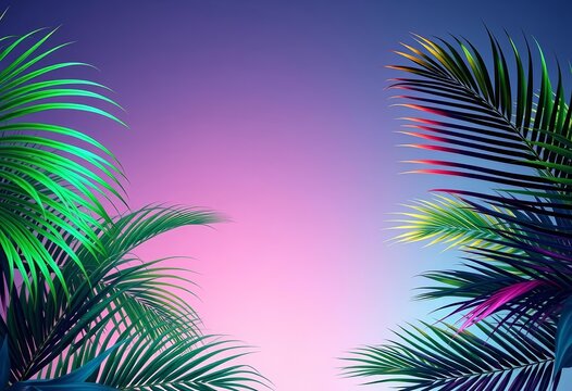 Holographic neon gradient palm leaves tropical background, stock, summertime