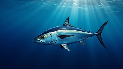 Naklejka premium Ocean Tuna Swimming Through Deep Blue