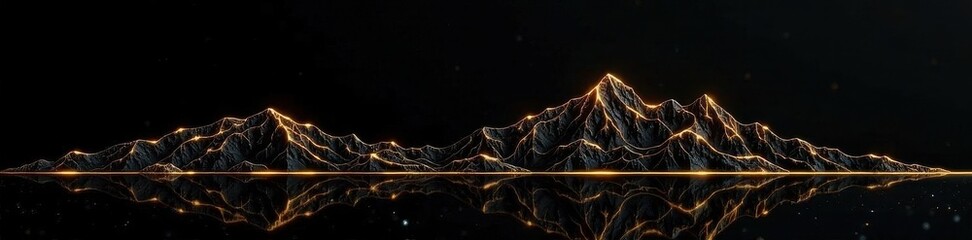 Opulent gold lines depict minimalist mountains on a black backdrop Luxury design , simple, art