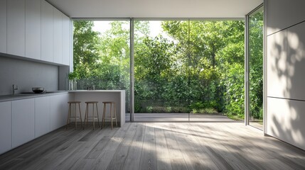 Obraz premium Modern kitchen with expansive garden views.