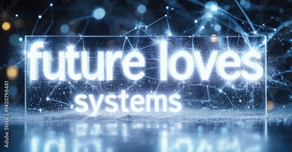 Poster bright text reads future loves systems. background shows glowing network, digital connections, blue 