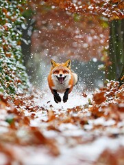 Red Fox Leaping Through Snowy Autumn Leaves