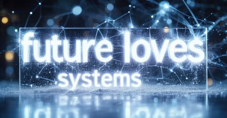 Bright text reads future loves systems. Background shows glowing network, digital connections, blue tones. Reflective surface visible.