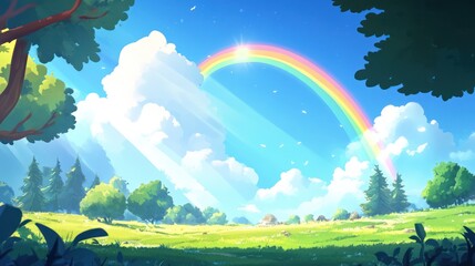 Rainbow over a peaceful meadow landscape.  Possible use Children's book illustration, wallpaper, background for animation
