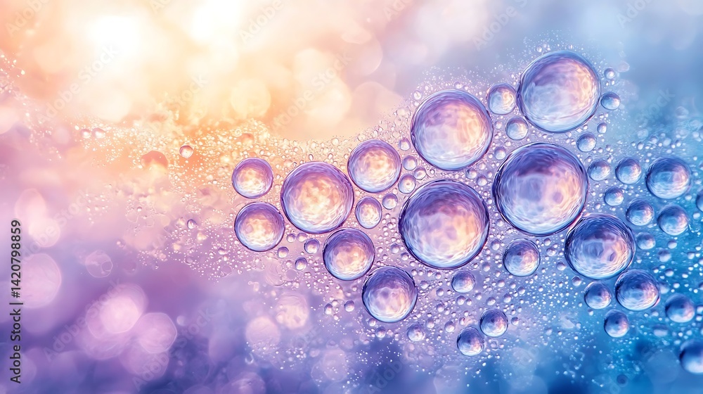 Poster colorful water droplets reflecting light, creating a vibrant abstract pattern.