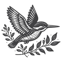 Fototapeta premium Vintage Hand-Drawn Kingfisher Perched on Mangrove Branch Illustration – Bird Engraved Style Vector for T-Shirts, Posters, Stickers, and Wildlife Apparel