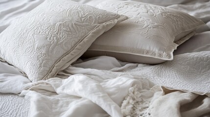 Obraz premium Elegant White Bedding with Decorative Pillows and Textiles