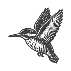 Vintage Hand-Drawn Kingfisher Flying Illustration &ndash; Bird Engraved Style Vector for T-Shirts, Posters, Stickers, and Wildlife Apparel