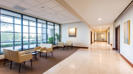 Modern office interior showcasing a spacious lobby with seating and natural light