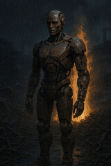 A rusting human robot in the rain, standing among a pile of metal debris