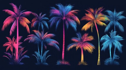 Neon Palm Trees Against Dark Backdrop Evoking a Tropical Vibe and Summer Time