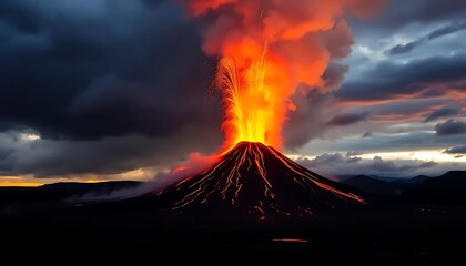 Captivating eruption of a volcano spewing lava under a dramatic sky backdrop