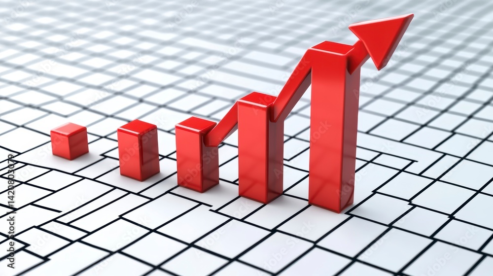 Poster red 3d arrow graph showing upward trend on white grid background.