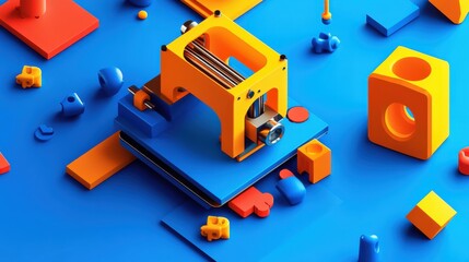 Brightly Colored 3D Printer on Vibrant Blue Shape Background