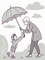 Fototapeta premium Illustration of Mother Sharing Umbrella with Child in Park - Cute Black and White Drawing for Family, Parenting, and Protection