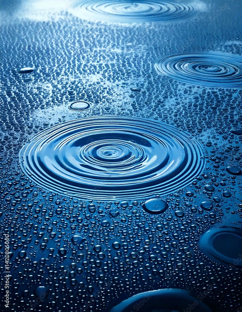 Aufkleber an abstract close-up of raindrops on a surface, forming repetitive patterns and concentric circles, 