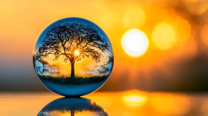 Sunset reflected in crystal ball showing tree