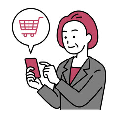 スマートフォンでネットショッピングをする中年のスーツの女性