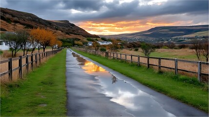 Glowing Sunset Reflection on Wet Road After Rain with Crimson Hues