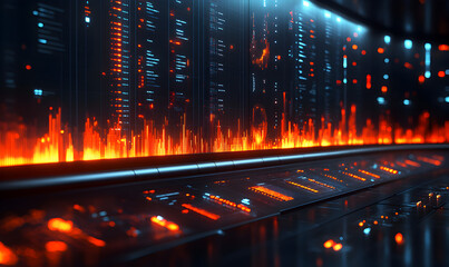 Abstract Digital Data Visualization with Orange and Red Glowing Lines on Dark Background