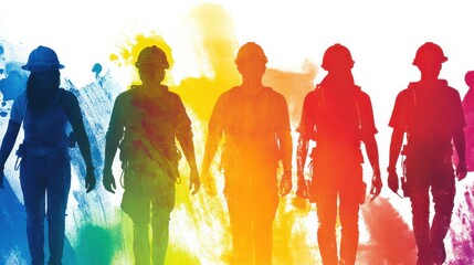 Diverse Group of Workers Walking in Front of Colorful Brush Strokes