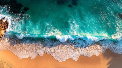 Obraz premium Waves Crashing on Serene Beach Tropical Paradise Aerial View Nature's Beauty Coastal Scene for Relaxation