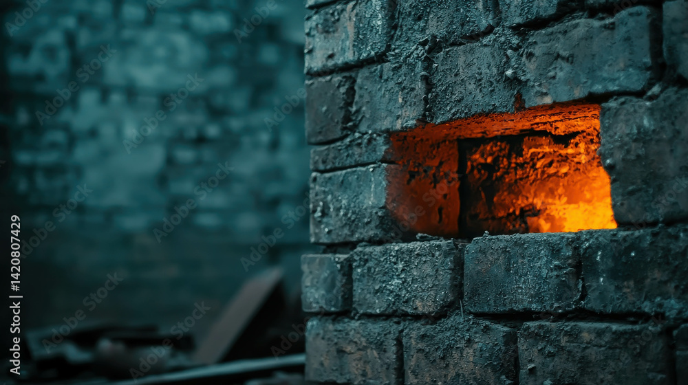 Poster warm glow from within a rustic brick fireplace in an abandoned industrial setting
