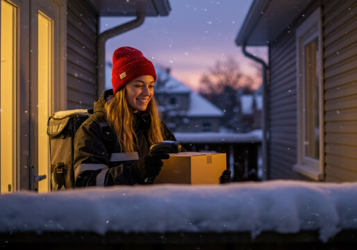 Woman in red hat and black jacket looking at a box in urban setting.