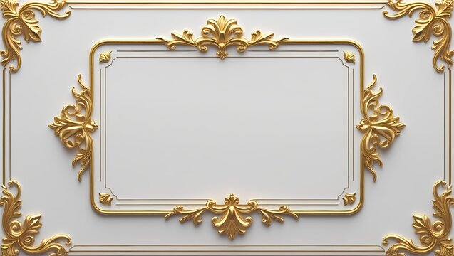 AI Generative. Elegant white background with luxurious gold ornamental borders. Simple gold flourishes in all four corners and along the top and bottom, with a vintage style. 5