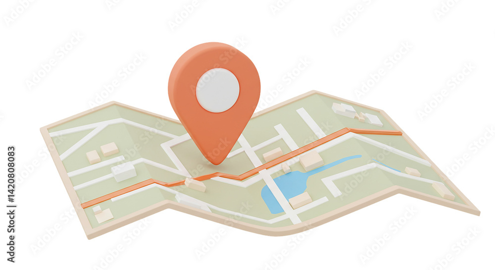 Poster a stylized map with an orange location pin on top in a rendered image on a black background