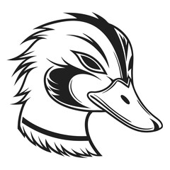 Close-up black and white illustration of a stylized duck head wearing a metal helmet, conveying a fierce and angry expression.