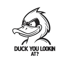 Close-up black and white illustration of a stylized duck head wearing a metal helmet, conveying a fierce and angry expression.