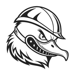 Close-up black and white illustration of a stylized duck head wearing a metal helmet, conveying a fierce and angry expression.