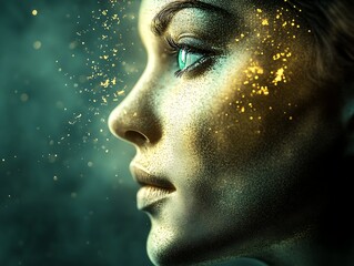 Enigmatic Portrait of Woman with Shimmering Gold Detail