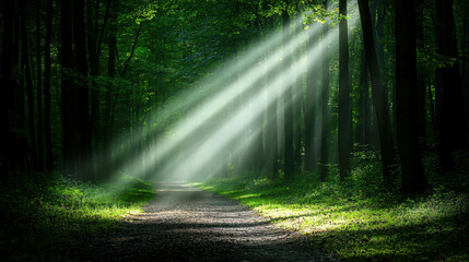 Obraz premium Sunlight Beams Through Trees in Lush Green Forest Pathway Illuminating Natural Scenery