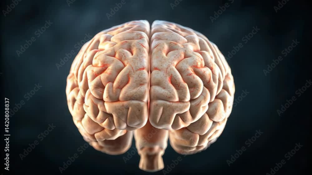 Poster a detailed 3d rendering of a brain showcasing highlighted areas of neural decay.