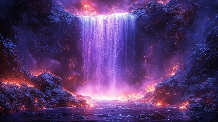 Enchanted Waterfall Cascade Surrounded by Glowing Mystical Landscape Scenery