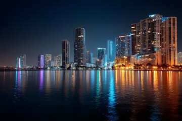 Naklejka premium Scenic Night View of City Skyline Reflected in Water Illuminated by Colorful Lights