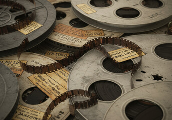 A pile of old film reels on a dusty wooden shelf, partially covered in cobwebs.