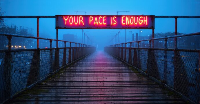 Red and blue neon your pace is enough in bold letters above old footbridge with wooden planks and distant echoing footsteps