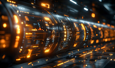 Abstract Futuristic Technology Background with Glowing Orange Lines and Dark Details