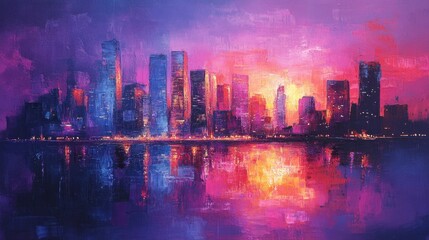 Obraz premium Vibrant City Skyline at Dusk with Reflections and Colorful Lights in an Artistic Style