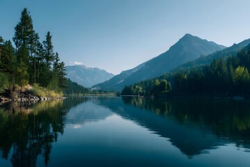 Fototapeta premium Serene Lake Reflecting Surrounding Mountains in Calm Waters Under Clear Blue Sky