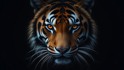 Fototapeta premium Tiger Close-Up: Intense Gaze, Dark Background