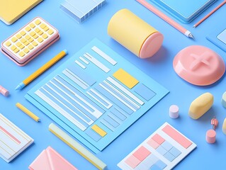 Colorful Office Supplies and Stationery on Blue Background