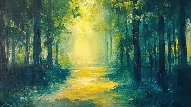 Serene Forest Pathway Illuminated by Golden Light in a Vibrant Green Landscape