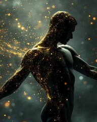 Ethereal Human Silhouette Filled with Golden Sparks and Light Effects