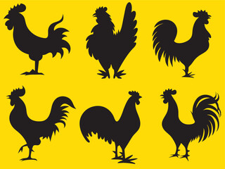 Stylish Rooster Silhouette Vector Set.