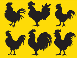 Stylish Rooster Silhouette Vector Set.