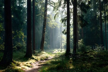 Obraz premium Serene Forest Clearing Surrounded by Tall Trees with Soft Light Filtering Through Lush Greenery